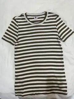 プチバトー　クルーネック半袖Tシャツ　16a ベージュ　ブラウン　太ボーダーのサムネイル