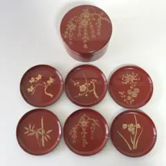 会津塗 純金蒔絵 カシュー塗 銘々皿 絵変わり 6枚セット