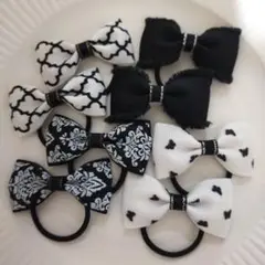 【837】モノトーンリボンキッズヘアゴム8個セット 黒白