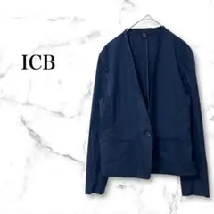ICB 【L】ノーカラージャケット Vネック 薄手 シングルボタン 日本製 紺