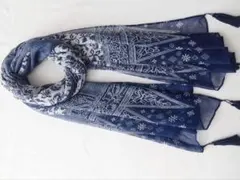 土日値下【美品】大判ストール 花柄 ネイビー タッセル付き 冷房・UV対策