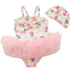 （90cm）花柄チュールワンピース水着　帽子付き２点セット　プール　温泉　水遊び