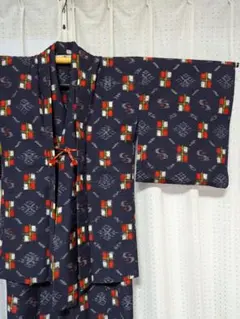 紺色幾何学模様カジュアル着物　アンサンブル