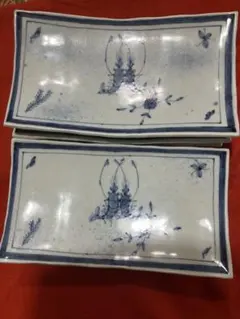 青い花と縁起の良い海老の絵柄の皿 7'枚セット