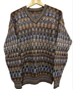 アルパカ100% vintage ニット チェック vネック 総柄 80s