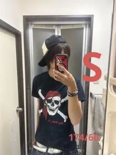 平成　y2k 短丈スカルプリント Tシャツ ネイビー