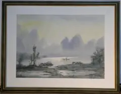 真作】絵画 水墨画10号 幻想霧景 山水画 静謐な森の情景 額装 C125