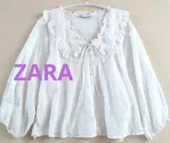 ZARA フリル付き刺繍ホワイトシャツ XL