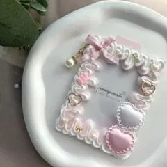 トレカケース ピンク リボン ダブル ハート ホイップデコ ハンドメイド