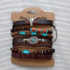 ターコイズ　レザー　重ね付け　ブレスレット　6連　ユニセックス　ヴィンテージ