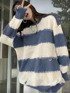 SHEIN ストライプニットセーター 長袖 ホワイト・ブルー 【FREEサイズ】