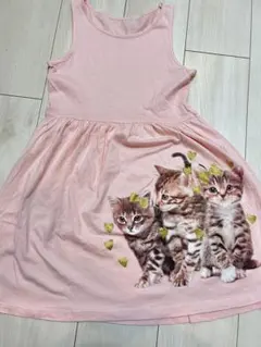 130サイズ　H&M 猫柄 ノースリーブ ワンピース　ピンク