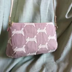 ハンドメイド 刺繍生地 うさぎ ファスナーショルダーバッグ くすみピンク