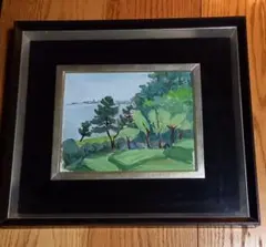 風景油彩画 黒銀フレーム付き 中型