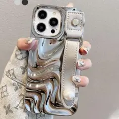 iPhone14ケース パール付 ストラップ ベルト付 シルバー