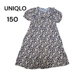 ゲリラSALE❗ユニクロ　ワンピース　150　ネイビードット　ピンクベージュ　花