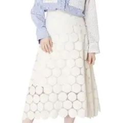ルシェルブルードットアイボリー 円形レースロングスカート34サイズ