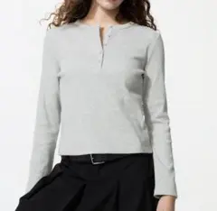 【ユニクロ】 リブヘンリーネック T 長袖　グレー　XL