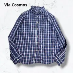 ヴィアコスモス チェック柄シャツ L ネイビー ネルシャツ コットン100%