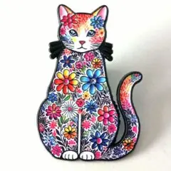 カラフルな花柄の猫 ピンバッジ ブローチ