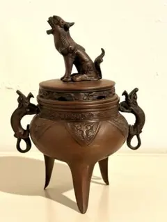 香炉 アンティーク 獅子 鳳凰 色絵 金彩 三足 香道具 骨董 置物