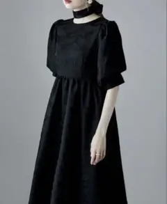 etoll ジャガードパフスリーブドレス 結婚式 ワンピース 膝丈 黒