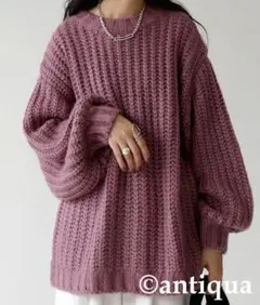 美品 antiqua アンティカ リブネックショート丈ニット ピンク ゆったり
