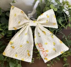 【受注生産】ネーム刺繍　犬　ペット　ビブ　スタイ　レモン柄　リボン　リップル生地