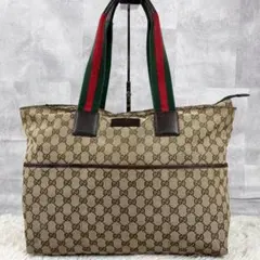 A4可 美品 グッチ キャンバス トートバッグ GG柄 シェリーライン 茶