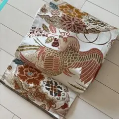 ■C812■アンティーク■正絹■生成り色　鳳凰柄　　丸帯風の名古屋帯■引き抜き帯