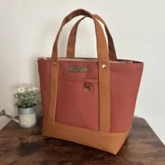 倉敷8号帆布あおりポケット付きトートバッグM レンガ×キャメル