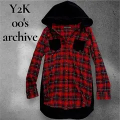 Y2K archive ワンピース　フード切替ワンピ　スタッズ　チェック