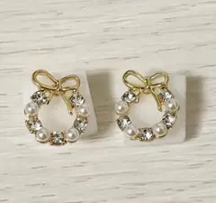 美品　人気　リボン　リース　ピアス　パール　ジルコニア　結婚式　可愛い