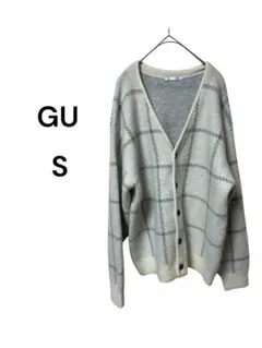 GU ニットカーディガン チェック柄 Vネック ライトグレー系 S
