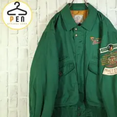 【レトロ古着】ジャケット 刺しゅうロゴ ワッペンロゴ グリーン L【送料無料】