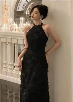 DAZY ロングドレス　ワンピース　フリンジ　ホルターネック　ブラック