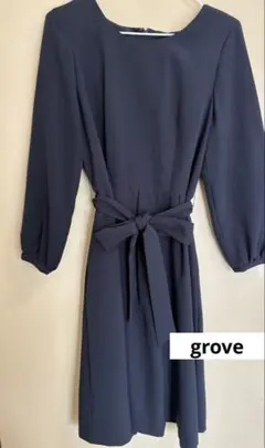 【美品】grove グローブ ネイビーフォーマルワンピースリボンベルト 卒業入学