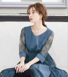 ゅ*ぃ様 値下げ niana プリーツ×レース 7分袖ドレス グレイッシュブルー