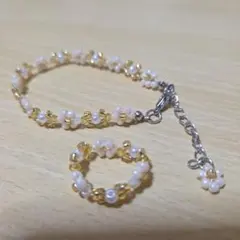 ホワイトゴールドビーズブレスレットとリングセット