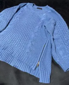 青 ケーブル編み ゆったりニットセーター ジッパー付き