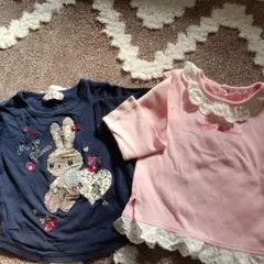ウサギ刺繍とレース付きTシャツ2枚セット 100cm