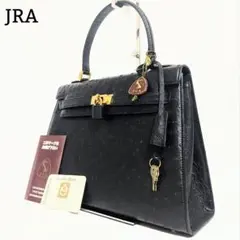 美品◎JRA ハンドバッグ オーストリッチ ターンロック 南京錠 本革 自立 黒