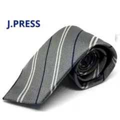 J.PRESS ハンドメイドネクタイ　グレー×紺×白　ストライプ　シルク100%