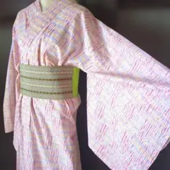 新品未使用 綿麻 浴衣 変わり織り 麻の葉 雪花絞り風 花 ゆかた 夏着物