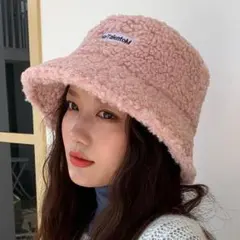 ボア バケットハット　ハット　帽子　もこもこ　韓国　小顔　秋冬　ピンク　バケハ