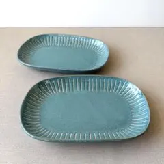【2枚】新品 日本製 美濃焼 撥水十草 楕円皿 窯変 グリーン