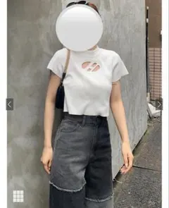 胸元カットアウト リブニット 半袖 ホワイト
