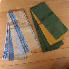 A　半幅帯2本セット　正絹　ベージュ　モスグリーン　更紗柄　リバーシブル　着物