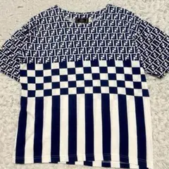 【美品】フェンディ ズッカ柄 半袖カットソー FF 白ネイビー バイカラー