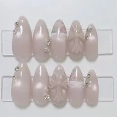 【現品】ネイルチップ 韓国風 マグネット シンプル お花クロムパーツレースピンク